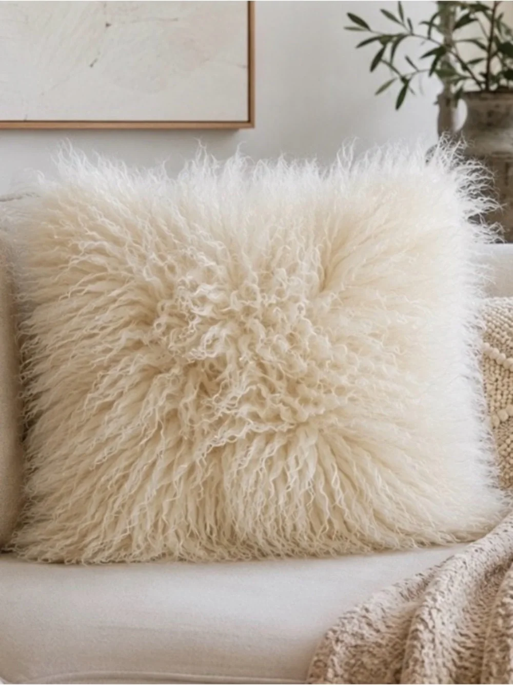 Set of 3 West elm pillow covers lamb fur 24x24” cream ivory luxuriously soft
